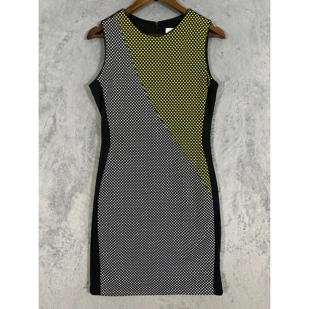 Belle Badgley Mischka Dress‎ Women 8 Black Yellow Polka Dot Chic Colorblock